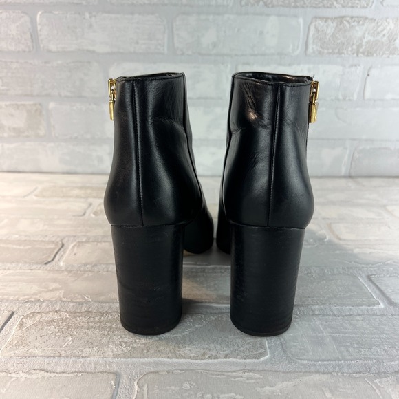 Michael‎ Kors Ankle Booties Womens 9 Black Leather Gold Zipper Lock Stacked Heel - Picture 3 of 15